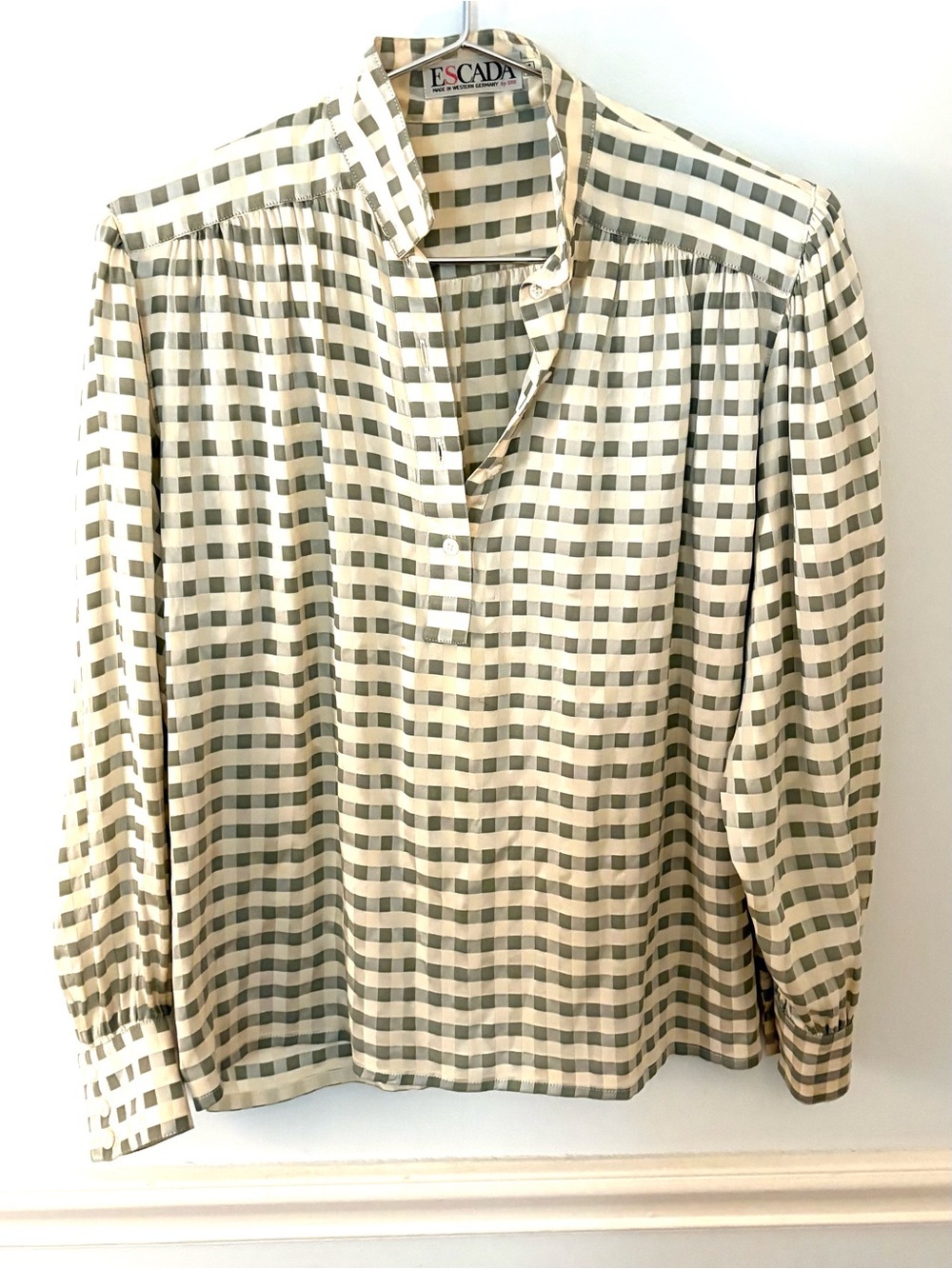 ESCADA Vintage Silk Blouse Geometric Check/plaid Pattern, cream and tan